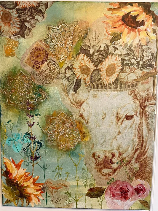 Cow with Sunflowers Mixed Media