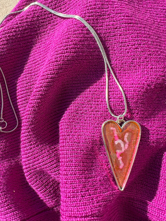 Silver Heart Pendant Necklace with Pink, Fuchsia and White Pearl