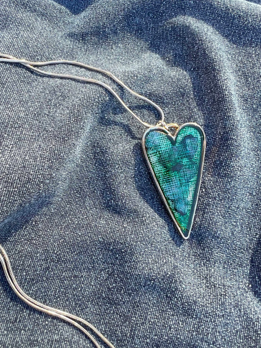 Silver Heart Pendant Necklace with Blue and Green