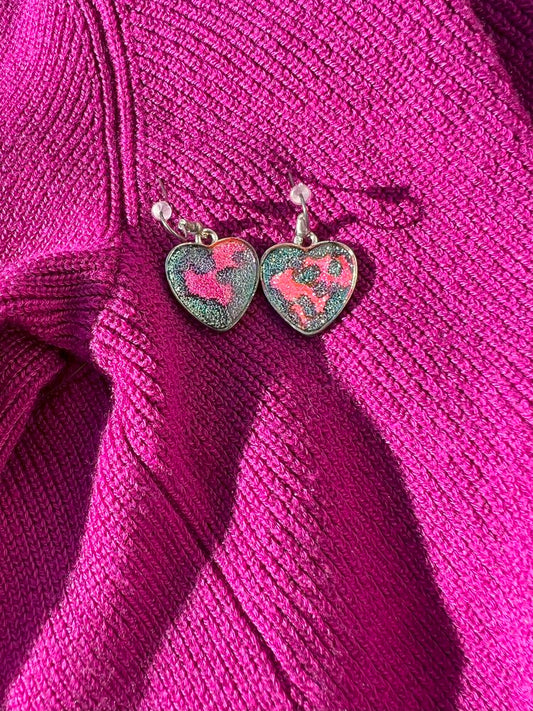 Silver Heart Earrings with Blue and Pink