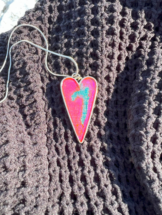 Silver Pendant Heart Necklace with Pink and Blue