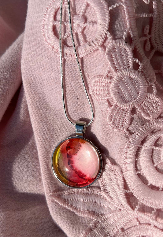 Round Cabachon Silver Dome Necklace with Red, Pink and Yellow