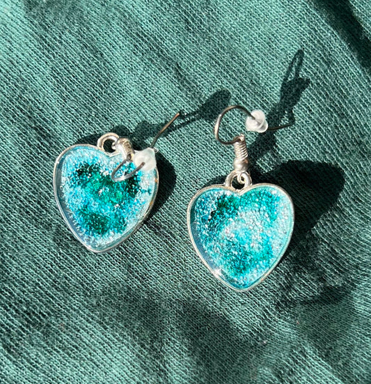Silver Heart Earrings with Green and White Pearl