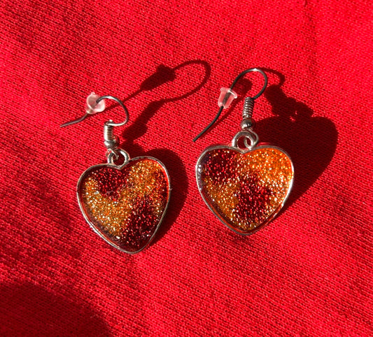 Silver Heart Earrings with Orange and Red