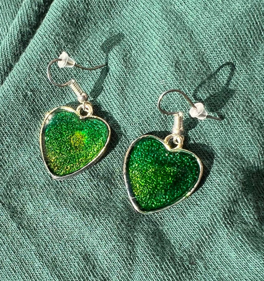 Silver Heart Earrings with Green and Yellow