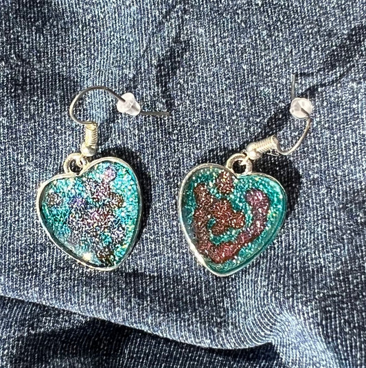 Silver Heart Earrings with Blue and Purple