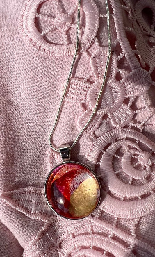 Round Cabachon Silver Dome Necklace with Pink, Purple and Gold