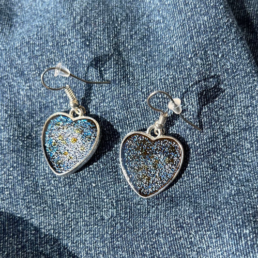 Silver Heart Earrings with Blue and Yellow