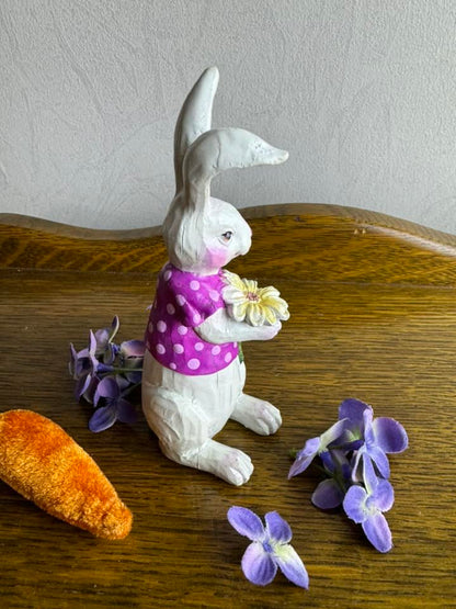 Hand Painted Resin Bunny Holding a Daisy