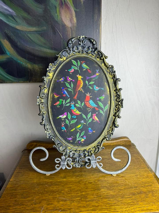 Hand Painted Upcycled Mirror with Detailed Birds and Finishing