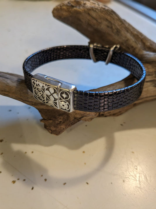 Black Textured Leather Bracelet with Antique Silver Clasp & Butterfly Slider