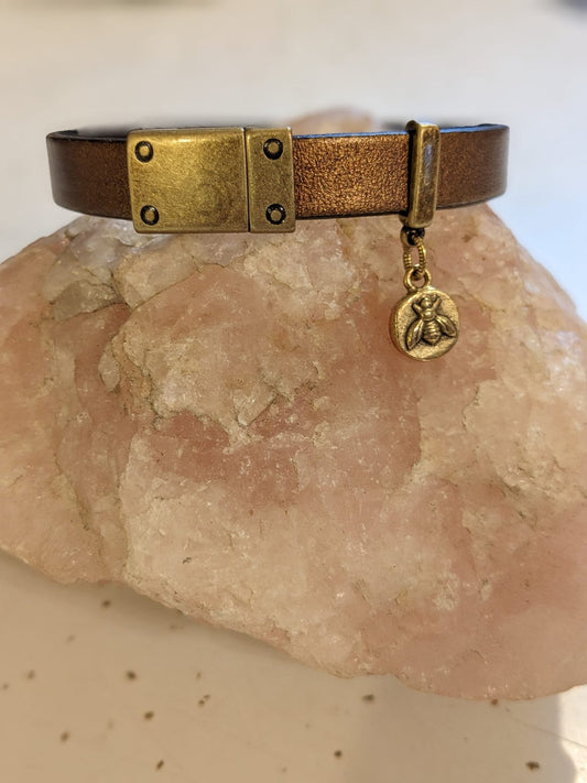 Bronze Leather Bracelet with Antique Gold Magnetic Clasp and Dainty Bee Charm