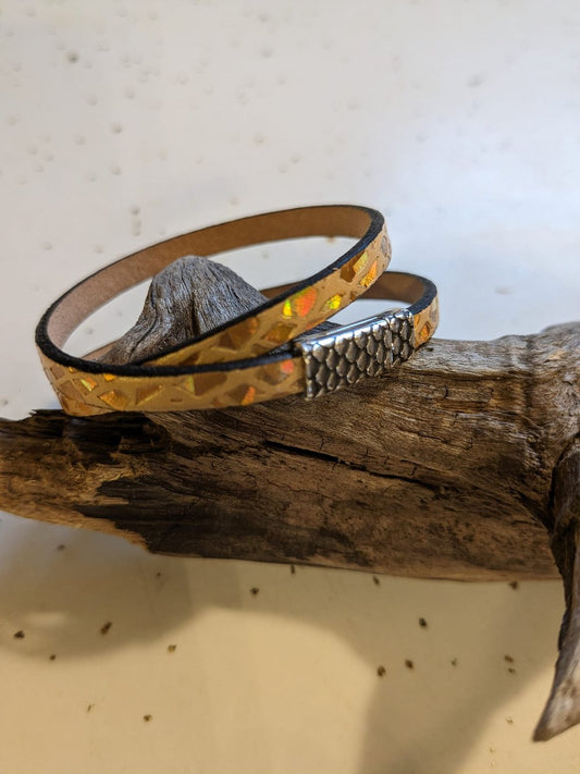 Leather with Metallic Print Wrap-Around Bracelet