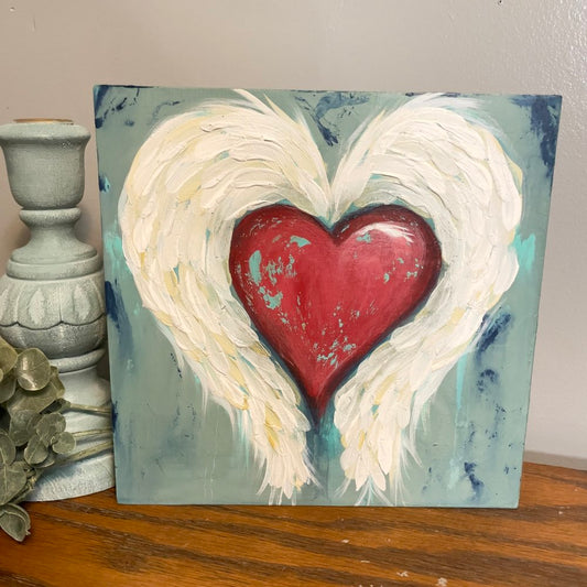 Blue Jean Baby - Hearts and Wings on Wood Canvas