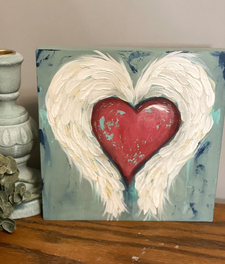 Blue Jean Baby - Hearts and Wings on Wood Canvas