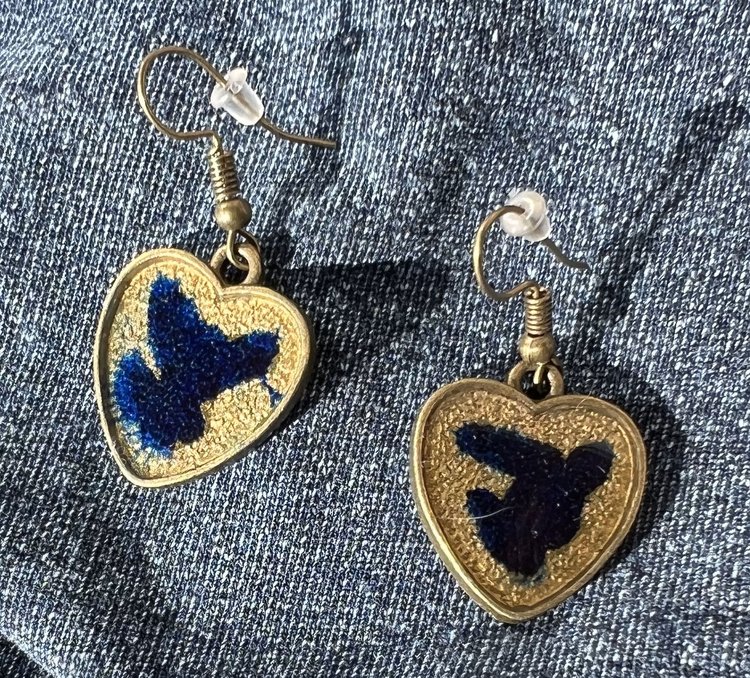 Bronze Heart Earrings with Blue & Gold