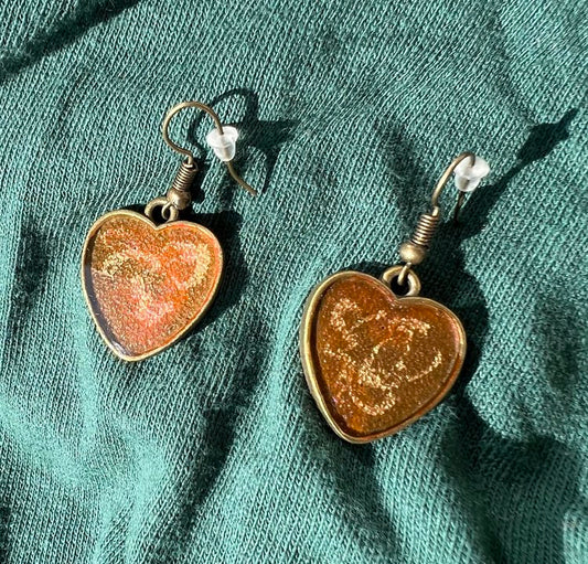 Bronze Heart Earrings with Brown, Red & Gold