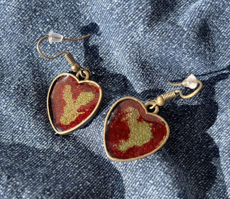 Bronze Heart Earrings with Red & Gold