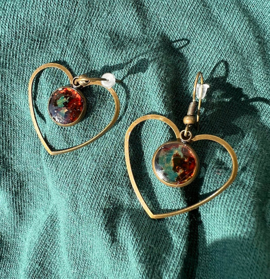 Bronze Heart Earrings with Red, Green and Yellow