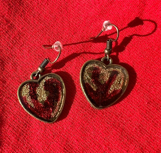 Bronze Heart Earrings with Red and Gold