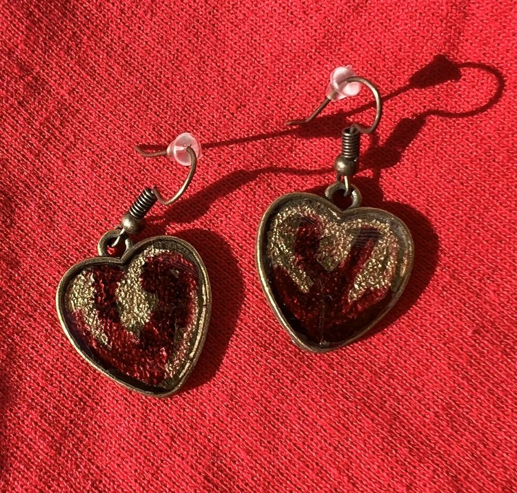 Bronze Heart Earrings with Red and Gold