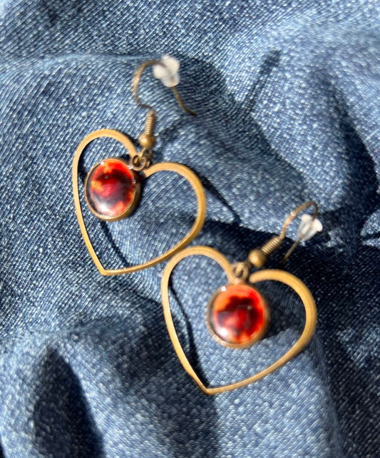Bronze Heart Earrings with Red and Yellow