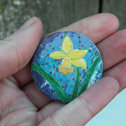 "Spring Daffodil" Original Mini Art on Upcycled Poker Chip