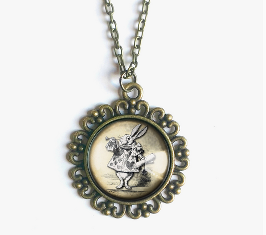 Alice in Wonderland White Rabbit Ornate Pendant Necklace