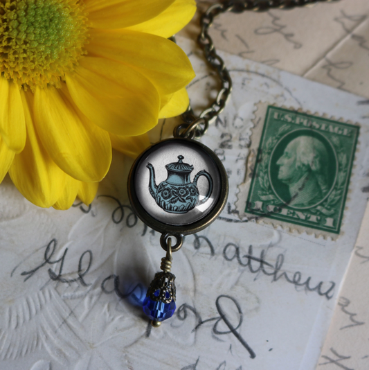Blue Tea Steampunk Victorian Pendant Necklace with Bead