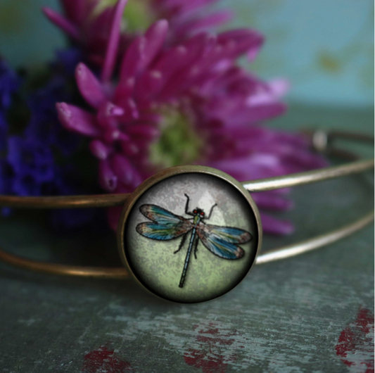 Dragonfly Vintage Inspired Glass Cabochon Cuff Bracelet