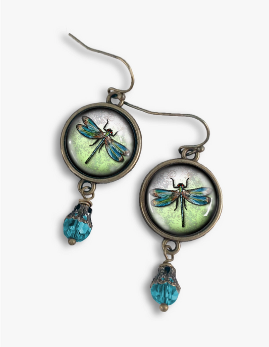 Dragonfly Vintage Inspired Glass Cabochon Earrings