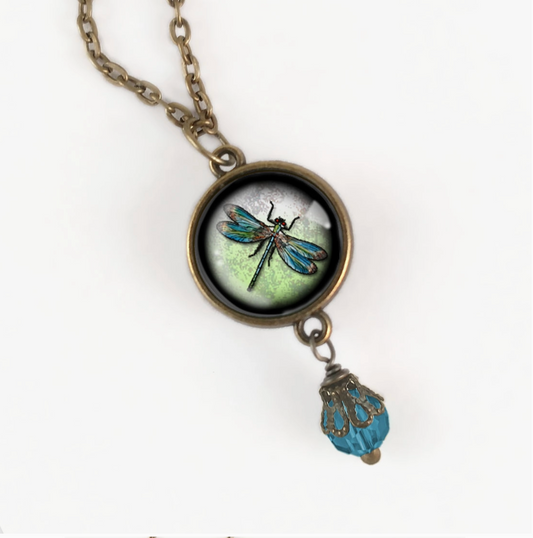 Dragonfly Vintage Inspired Glass Cabochon Necklace W/Bead