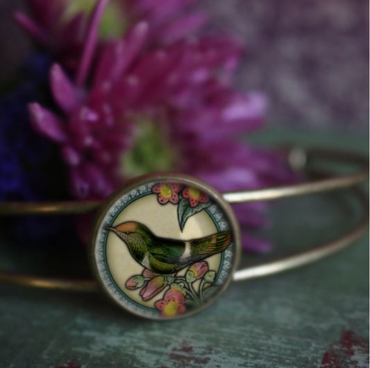 Hummingbird Vintage Inspired Glass Cabochon Cuff Bracelet