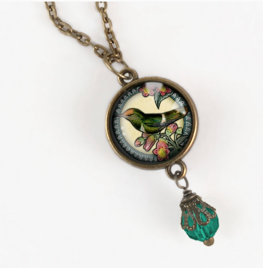 Hummingbird Vintage Inspired Glass Cabochon Necklace w/ Bead