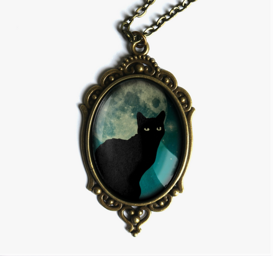 Teal Cat On Full Moon Ornate Oval Halloween Pendant Necklace