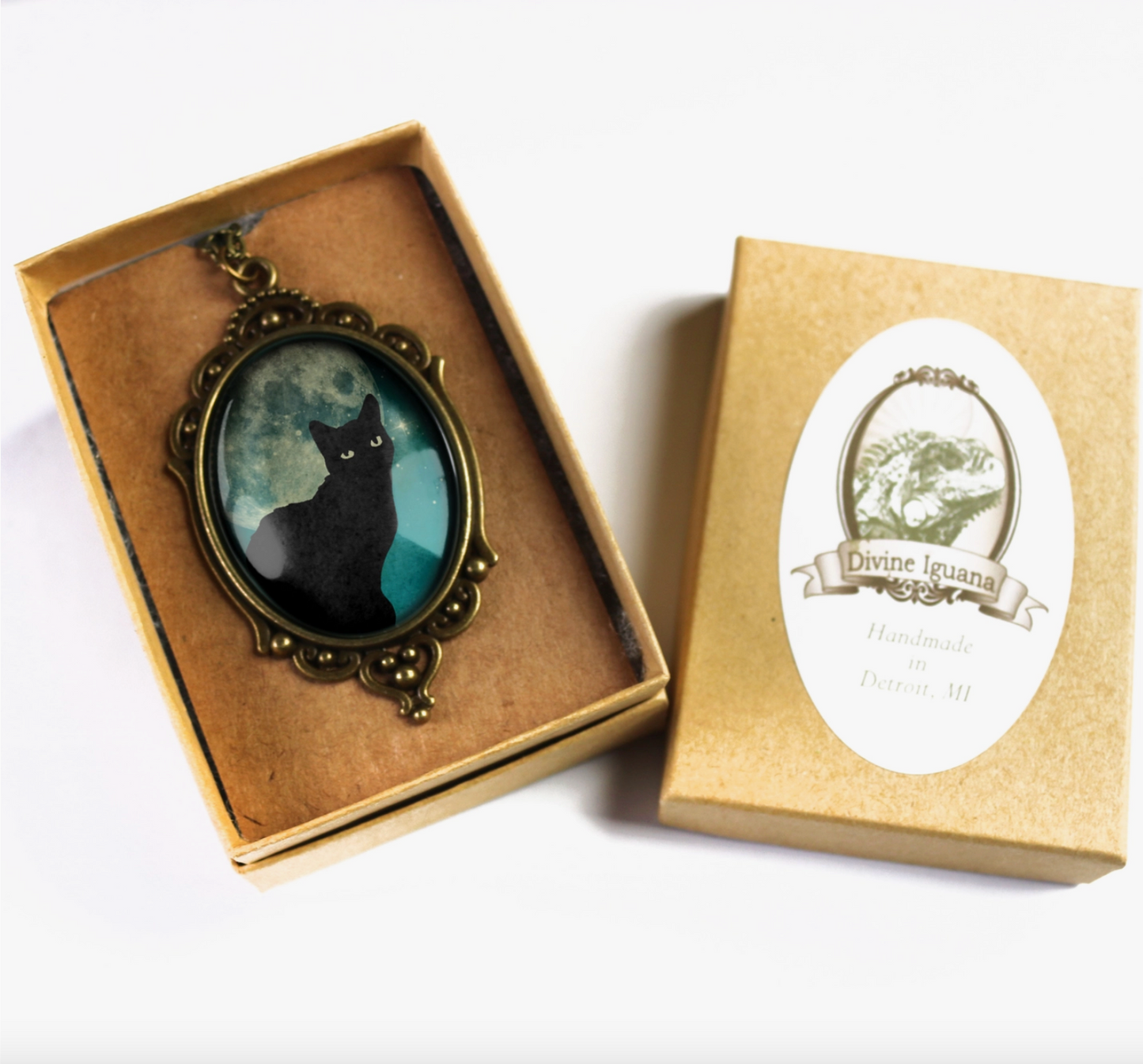 Teal Cat On Full Moon Ornate Oval Halloween Pendant Necklace