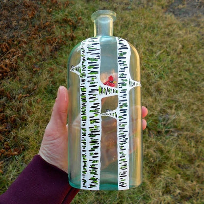 Hand Painted Bottle with Birch Tree and Cardinal