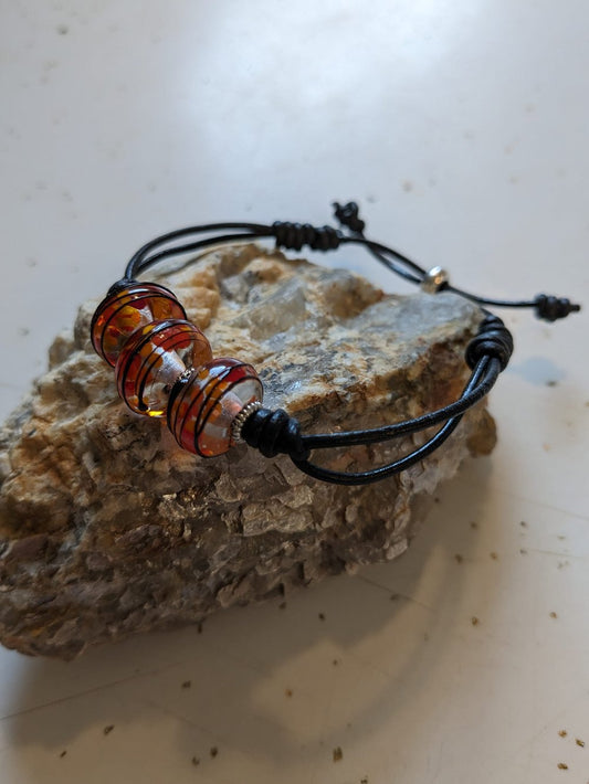 Black Leather Bracelet with Orange and Black Lampwork Beads