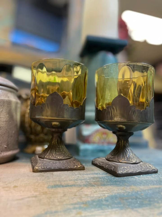 2 Vintage Cast & Amber/Gold Votive Tea Light/Candle Holders.