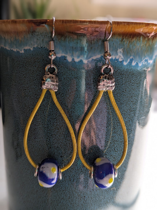Earrings with Blue and White Lampwork Beads and Yellow Metallic Leather
