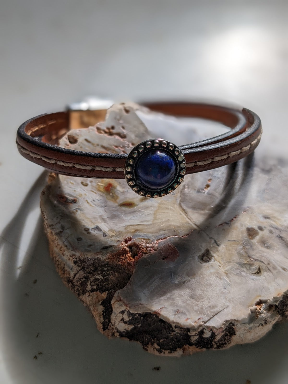 Leather Wrap Around Bracelet with Blue Lapis Slider