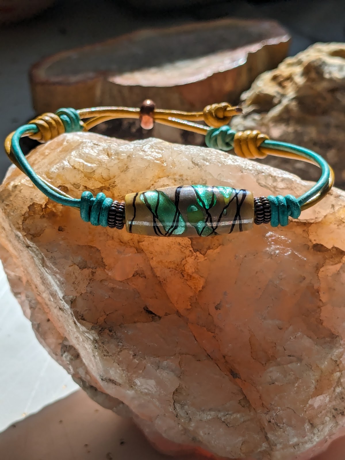 Aqua Waters Lampwork and Leather Bracelet
