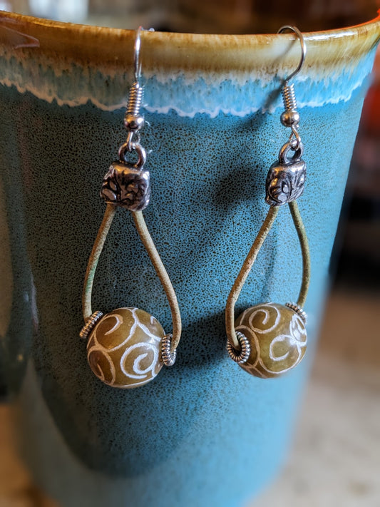 Earrings with Hand Carved Stone Beads and Light Olive Leather