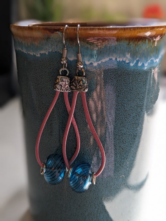 Earrings with Turquoise Swirl Lampwork Beads and Pink Leather