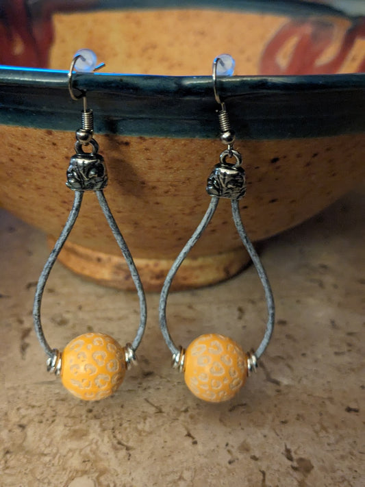 Earrings with Yellow Animal Print Beads and Gray Leather