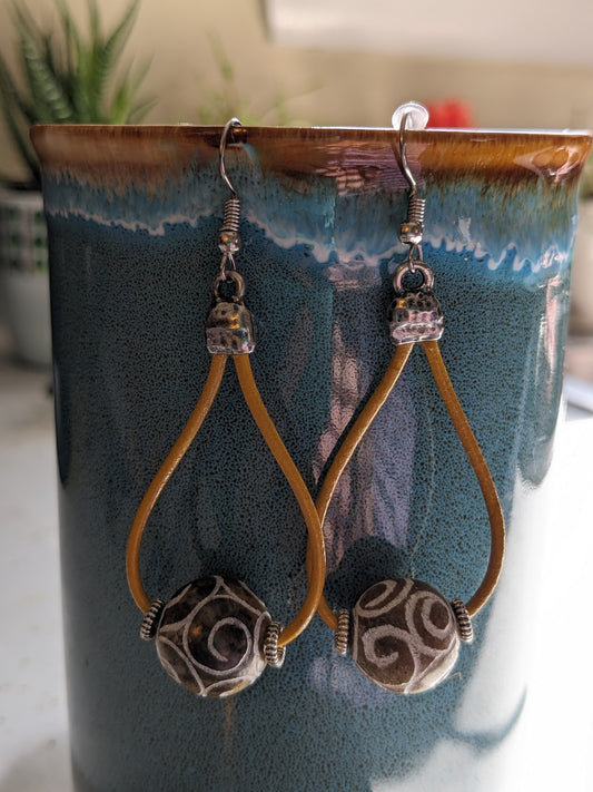 Earrings with Hand Carved Stone Beads and Yellow Leather