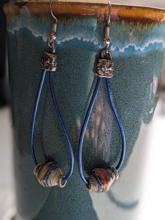 Earrings with Multicolored Beads and Blue Metallic Leather