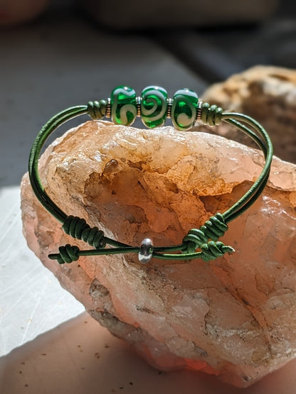 Green on Green Lampwork and Leather Bracelet