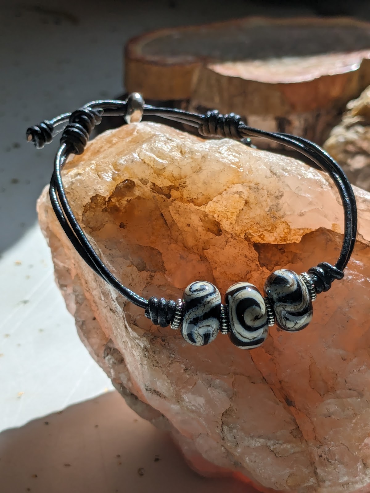 Simple Elegance Black and White Lampwork and Leather Bracelet