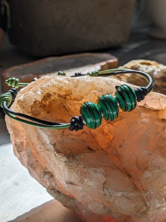 "Green Foliage" Lampwork and Leather Bracelet